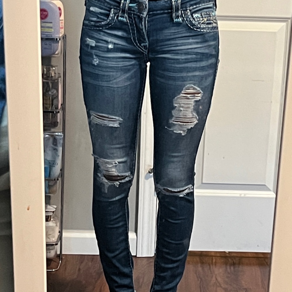 True Religion Dark Blue Distressed Low Rise Super Skinny Jeans